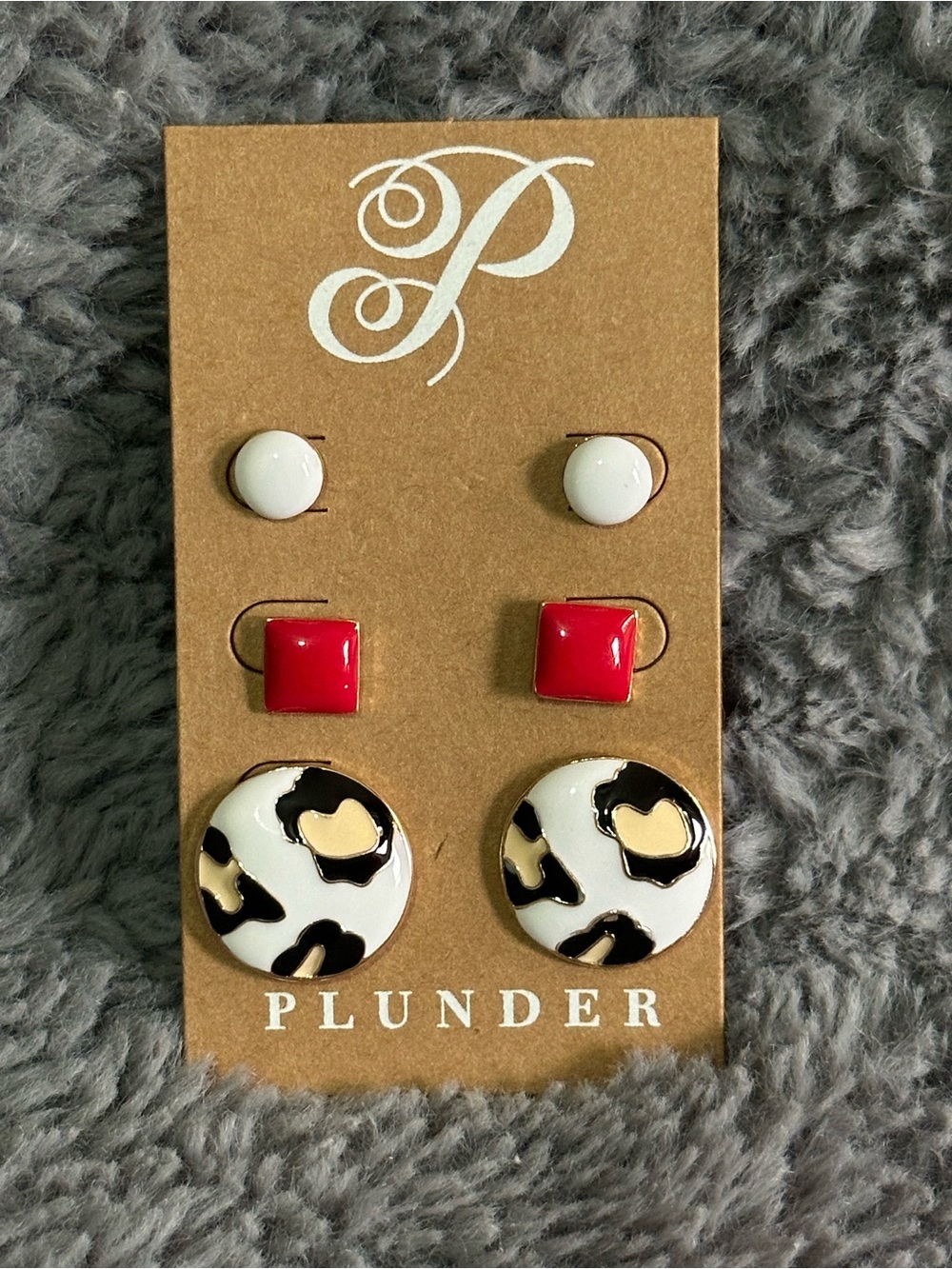 Plunder Kids White, Red & Black Leopard Stud Earring Trio
